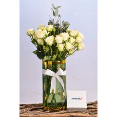 White Baby Roses in Plam Spring Vase