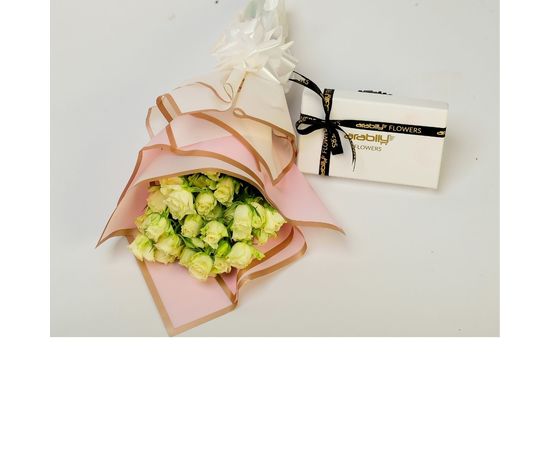 Bunch of White Baby Roses with Belgian Chocolates